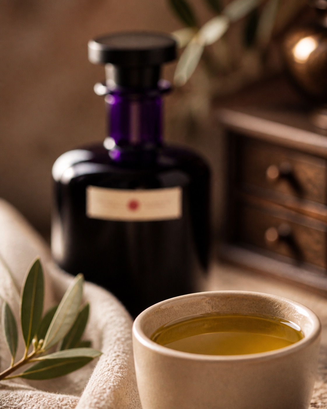 A ceramic cup beside the Atheas decanter