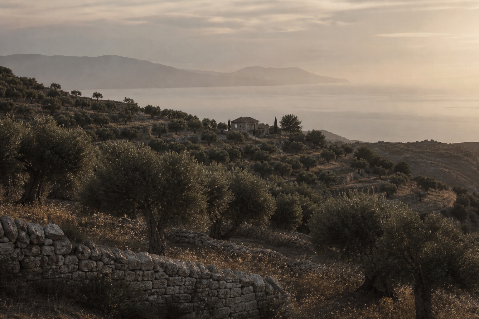 Olive terraces above the estate at dusk