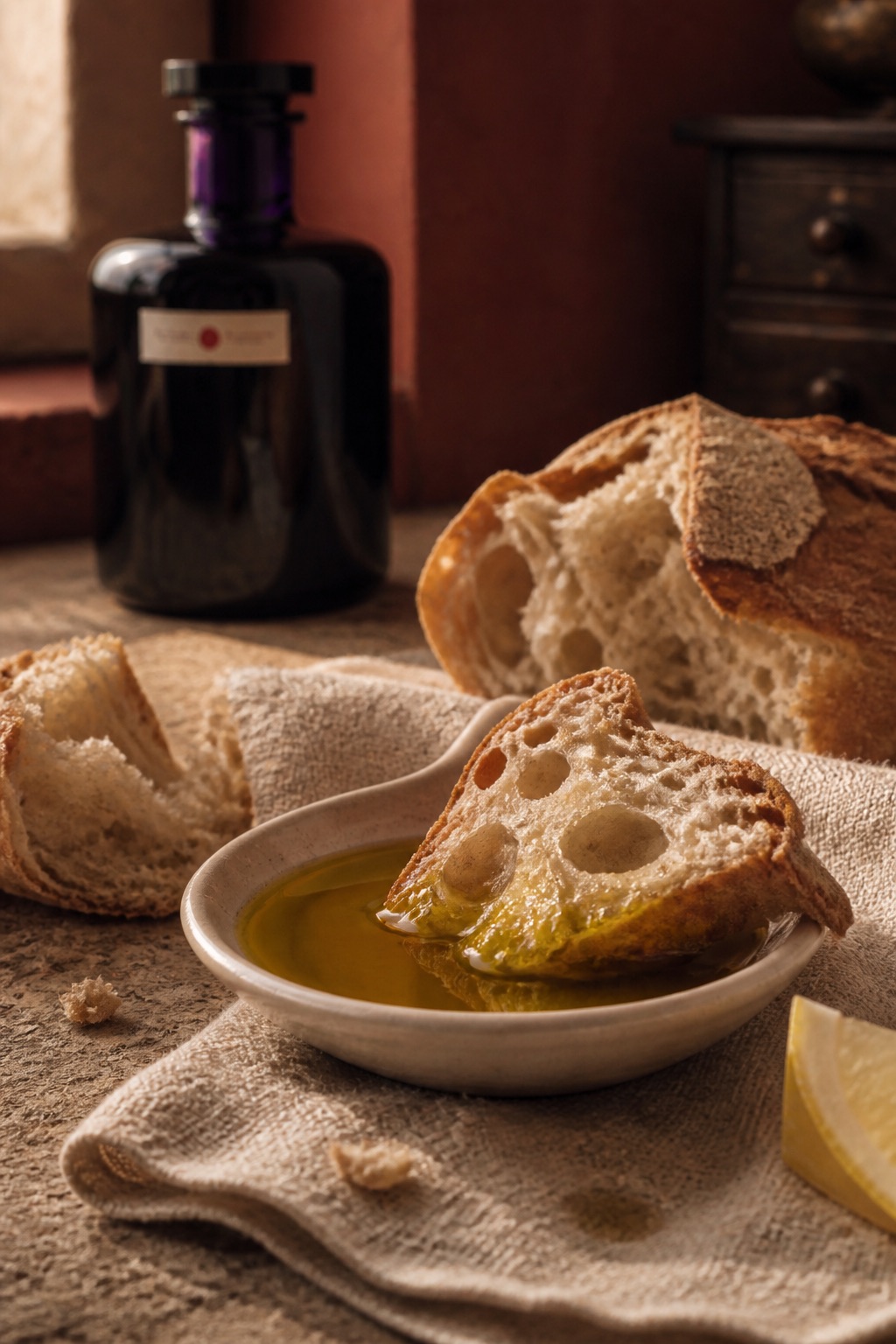 Torn bread dipped in a pool of Atheas oil
